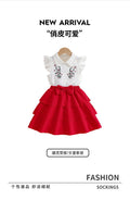 Girls' summer outfit set: printed top with peter pan collar and flutter sleeves, red tiered skirt - two-piece set for kids