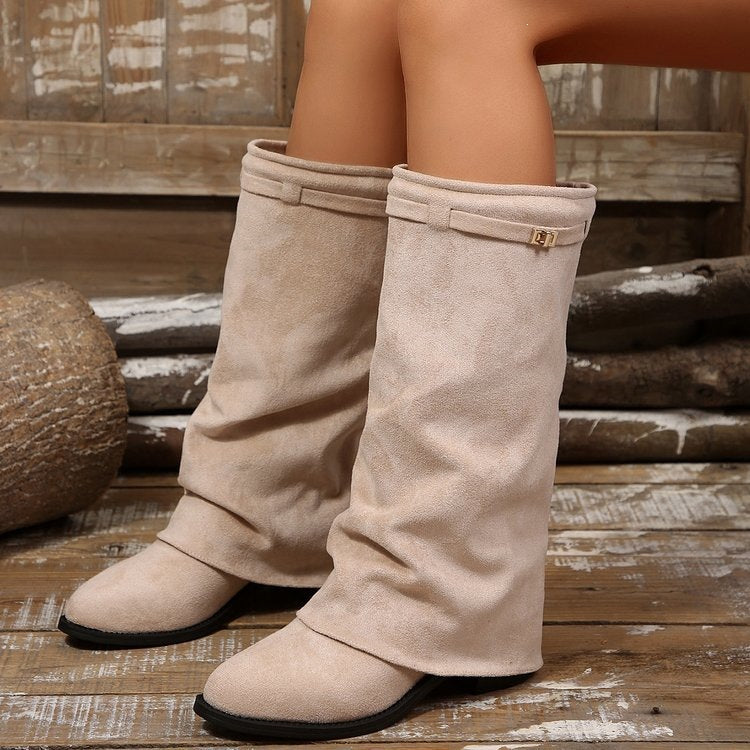 export women's boots pointed toe large tube straight metal buckle medium long boots plus size thick heel pants boots women's boots