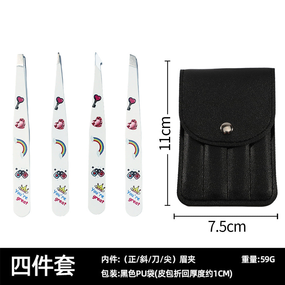 New stainless steel 96 eyebrow clip high-precision 4-piece set, special leather bag for beard pulling and eyebrow trimming, eyebrow clip tweezers