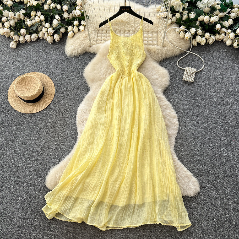 French riviera style yellow slip dress - women's spring  high-waisted, slimming, ethereal, flowy a-line maxi dress for summer