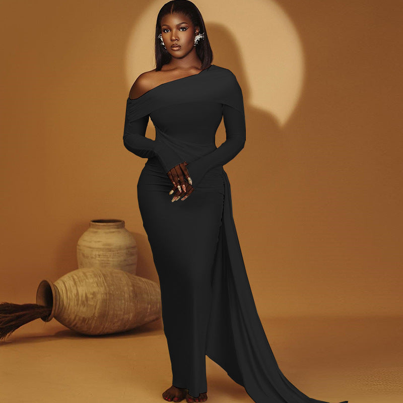 European and american style ins foreign trade women's fashion solid color dress - asymmetrical off-the-shoulder long sleeve dress