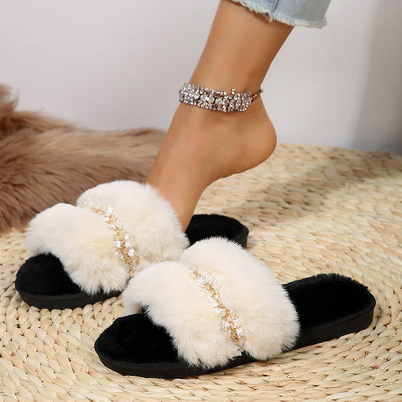 European style chain one-word flatsfleece-linedthick sole slippers women's indoor and outdoor winternew arrival cotton slippers one piece dropshipping women