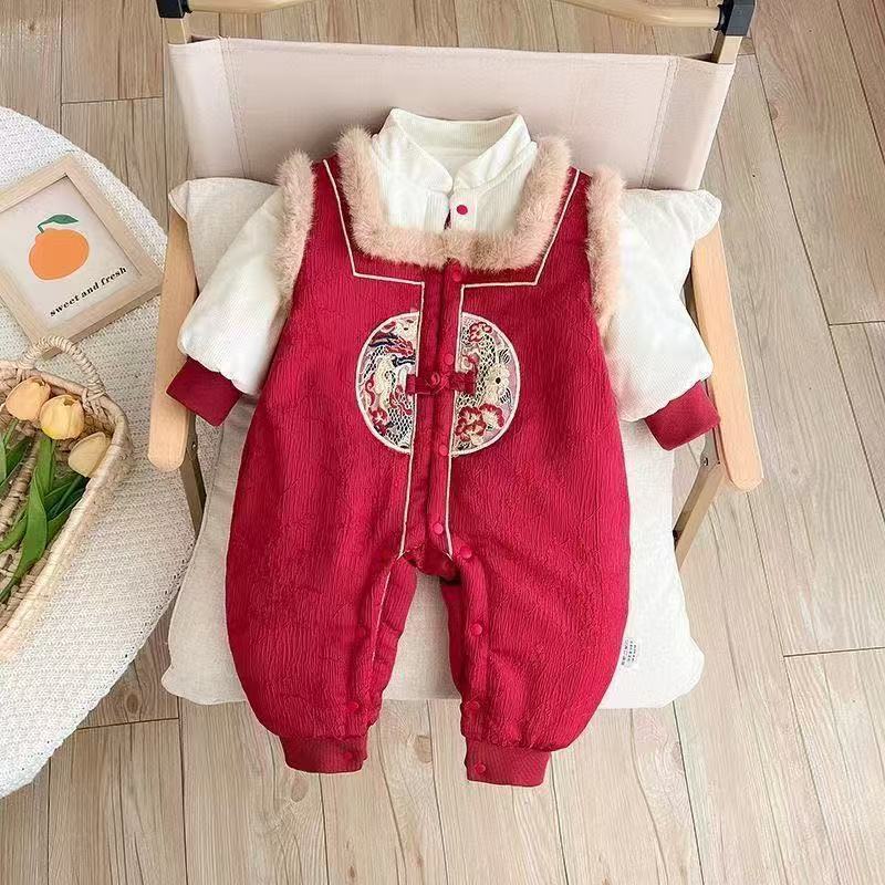 Baby new year's clothes winter clothes baby boy chinese style thickened jumpsuit winter full moon 100 days khaki crawling suit