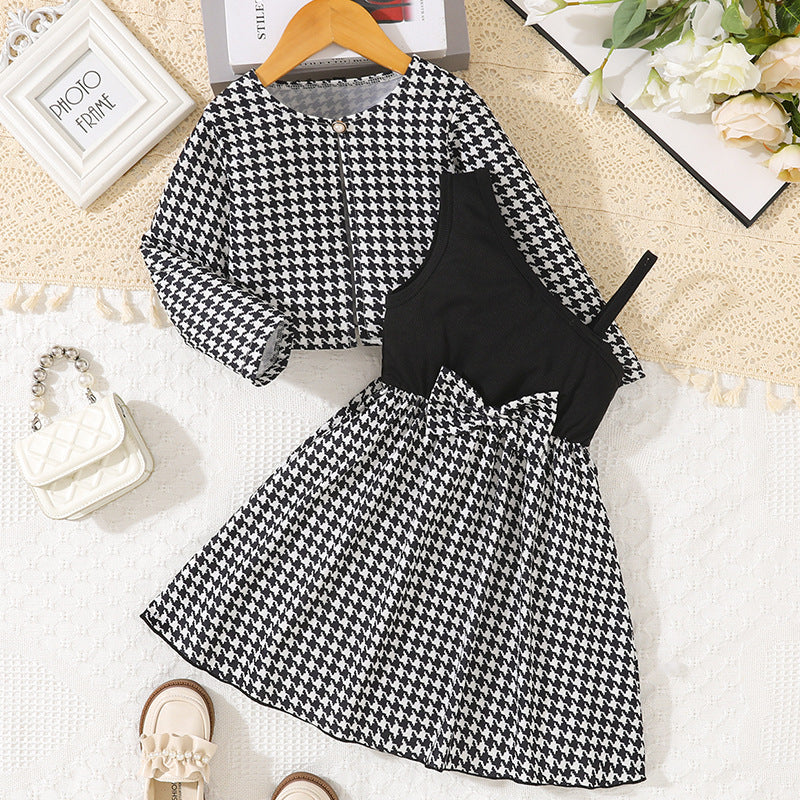 Girls' two-piece dress set: chanel-inspired houndstooth long-sleeve jacket with bow and a-line skirt, plus suspender dress