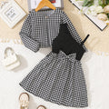 Girls' two-piece dress set: chanel-inspired houndstooth long-sleeve jacket with bow and a-line skirt, plus suspender dress