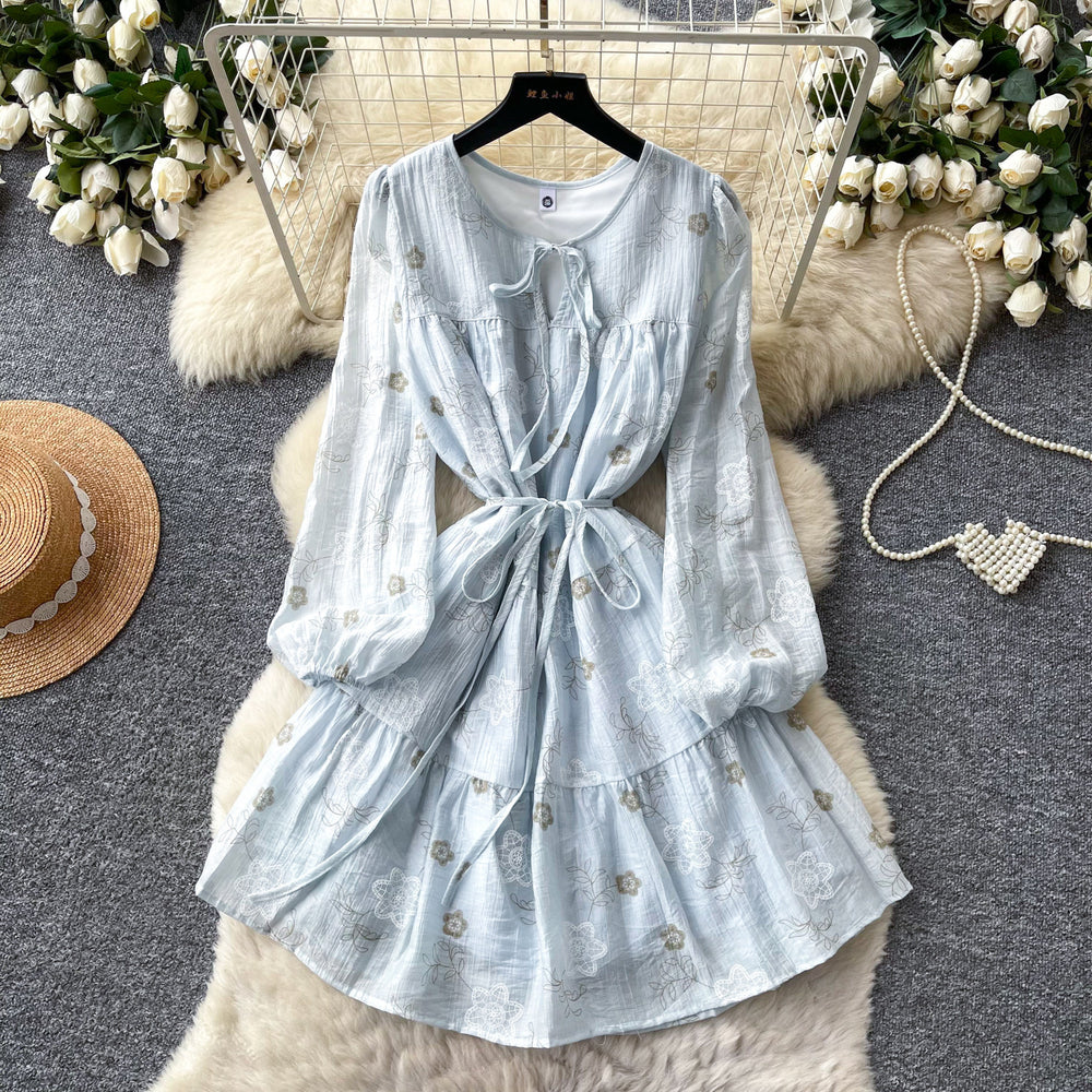 French chic green floral dress - women's summer long sleeve v-neck a-line dress with cinched waist - slimming, elegant, and perfect for vacation