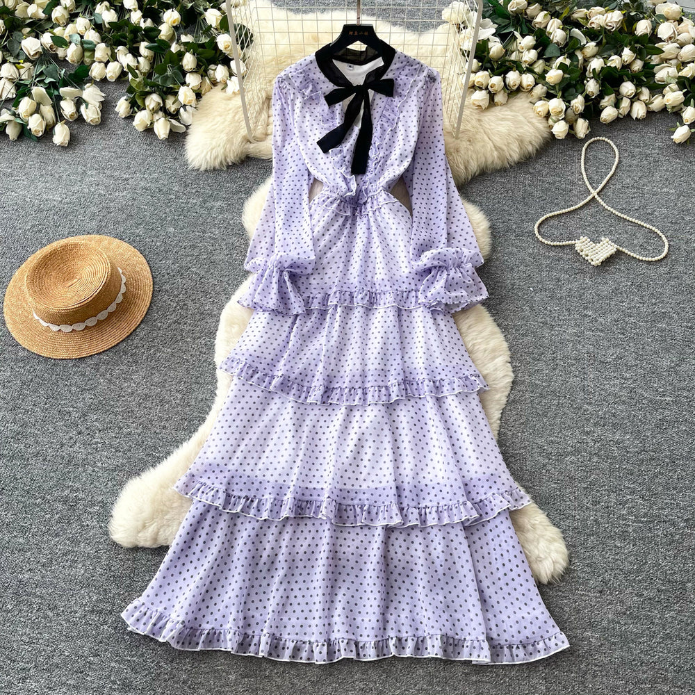 French sweet polka dot long sleeve tiered dress - women's autumn bow ruffle cake dress - unique designer style