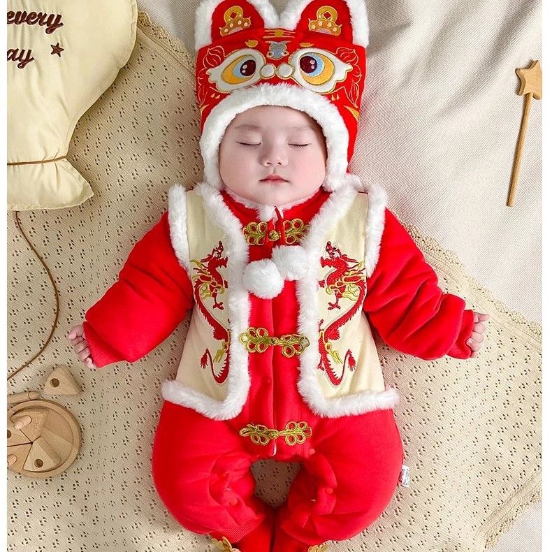 Baby winter outfit, unisex, 100-day celebration & first birthday dress, chinese new year outfit, infant red festive romper