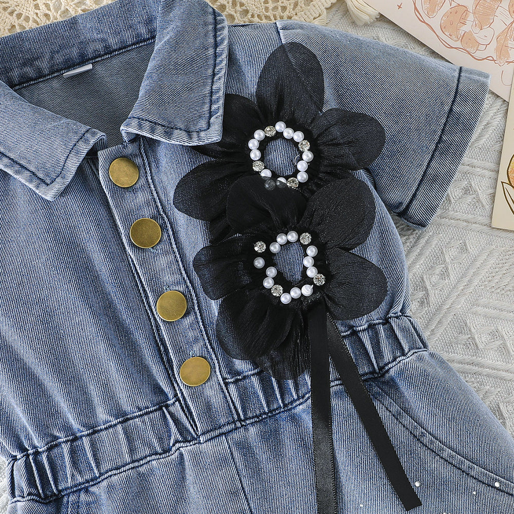 girls' denim jumpsuit - short sleeve, turn-down collar, cinched waist, pearl and floral embellishments, girls' cargo pants style