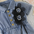 girls' denim jumpsuit - short sleeve, turn-down collar, cinched waist, pearl and floral embellishments, girls' cargo pants style