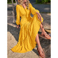 listing: new  women's original elegant elastic waist long sleeve solid color v-neck a-line dress
