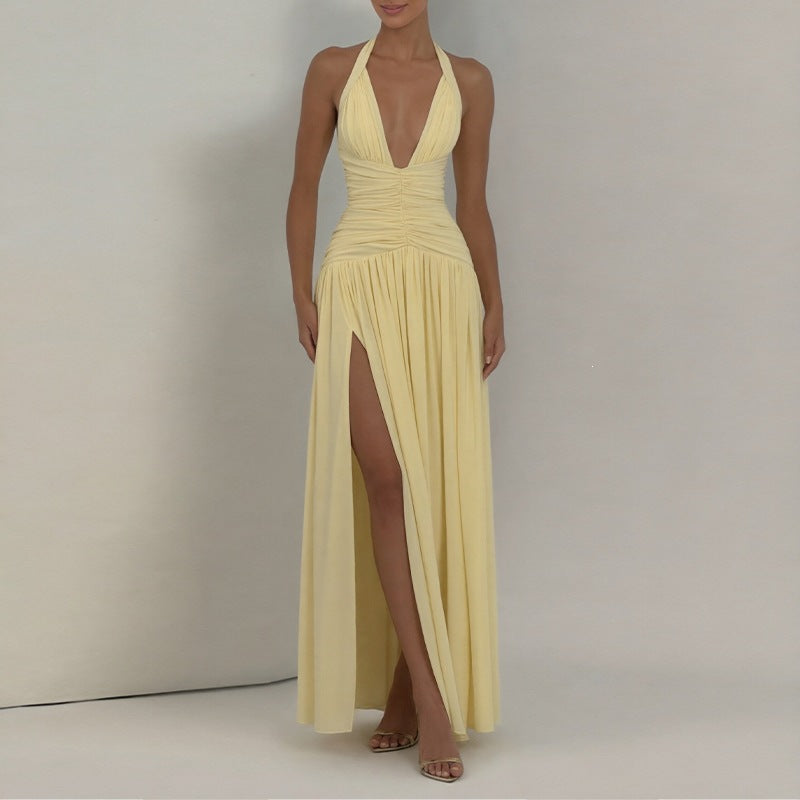 summer new arrivals: european & american cross-border women's fashion - elegant & sexy v-neck ruched slit bodycon dress