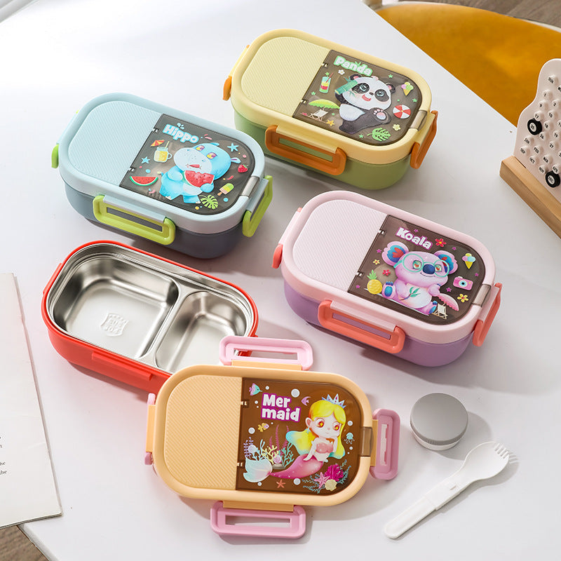 Cartoon grid lunch box, 304 stainless steel bento box, microwaveable, insulated lunch container for students and office workers
