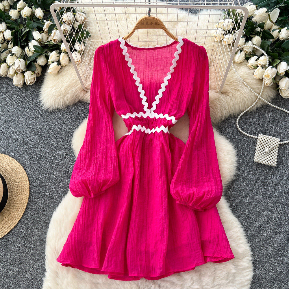 Frenchsexy deep v neck wave edge patchwork waist lantern sleeve dress women's autumslimming looka line vacation skirt