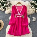Frenchsexy deep v neck wave edge patchwork waist lantern sleeve dress women's autumslimming looka line vacation skirt