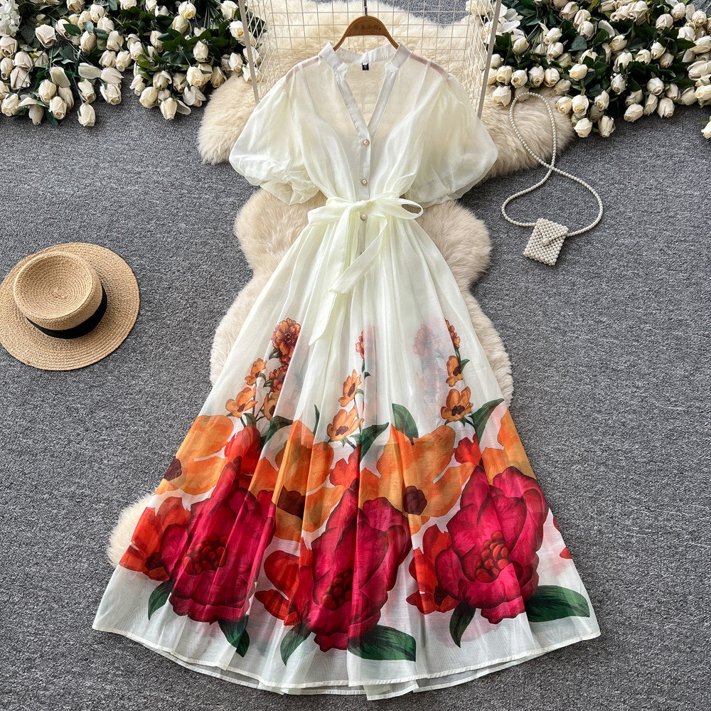 French riviera style v-neck puff sleeve floral print dress - women's summer midi dress with cinched waist and flared skirt