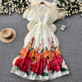 French riviera style v-neck puff sleeve floral print dress - women's summer midi dress with cinched waist and flared skirt