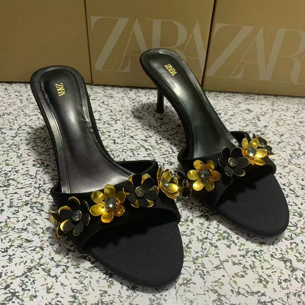 Za summer 2025 new one-strap floral high heel sandals, color block stiletto, everyday versatile sandals for women