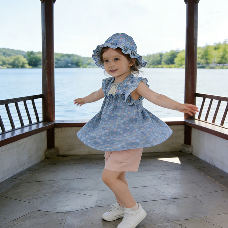 Girls' summer flutter sleeve  new floral print outfit, korean style chic lightweight three-piece set for baby girls