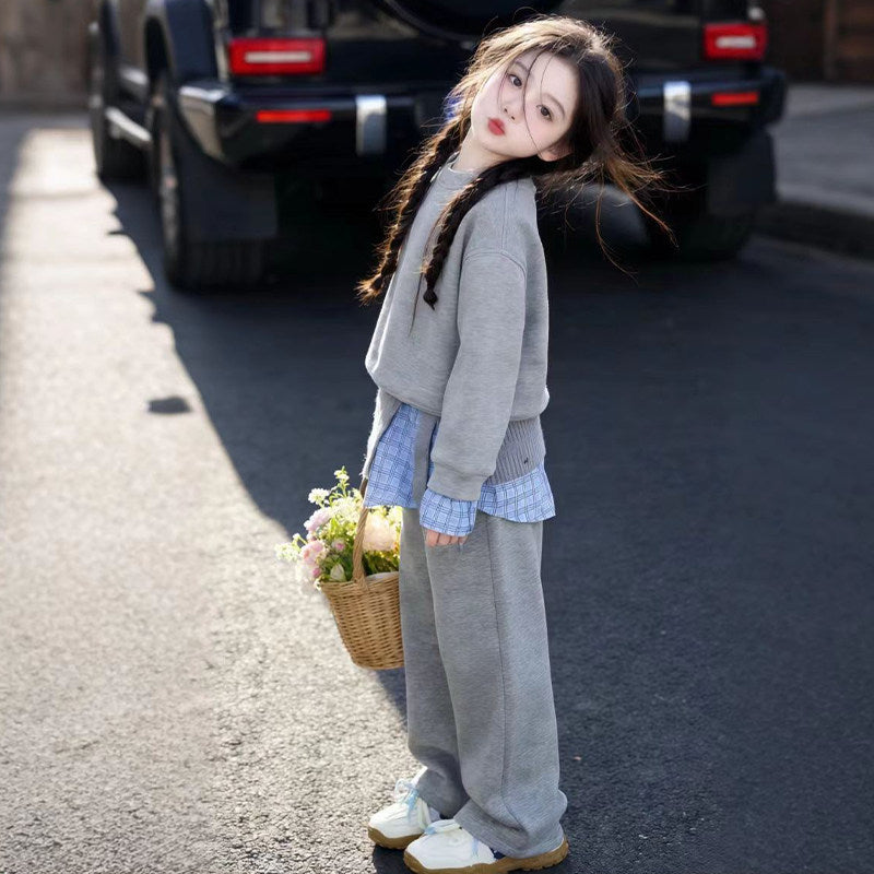 Girls' spring  new collection: korean style retro patchwork three-piece set - sweatshirt & wide-leg pants outfit for mid-to-large children - trendy style