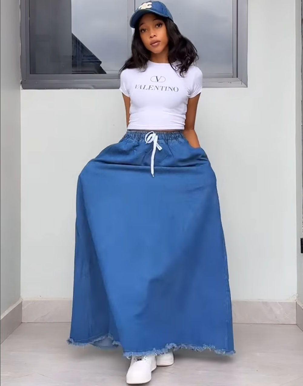 European and american style denim skirt  cross-border women's fashion washed pure color drawstring high waist lotus leaf long skirt