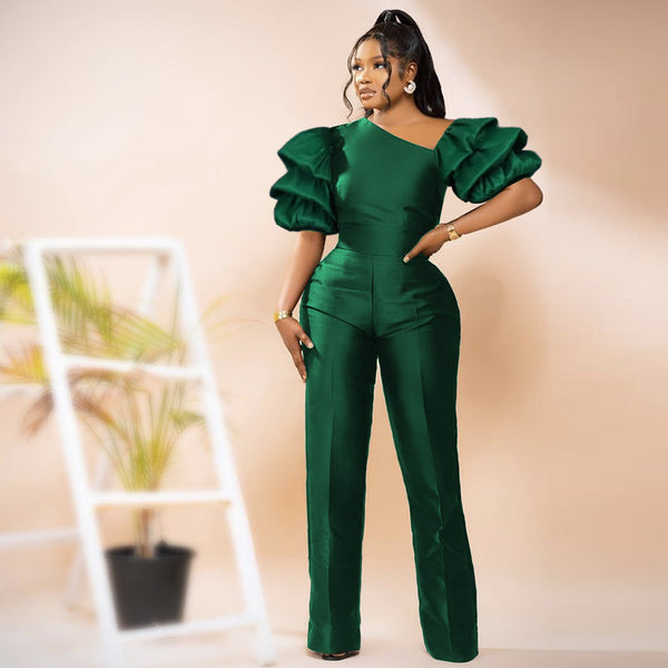 Summer new sexy slanted shoulder stack sleeves high waist slim jumpsuit banquet party dress party dress