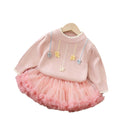 fall/winter new girls' sweater and tutu skirt set - handmade floral knitted outfit for little girls