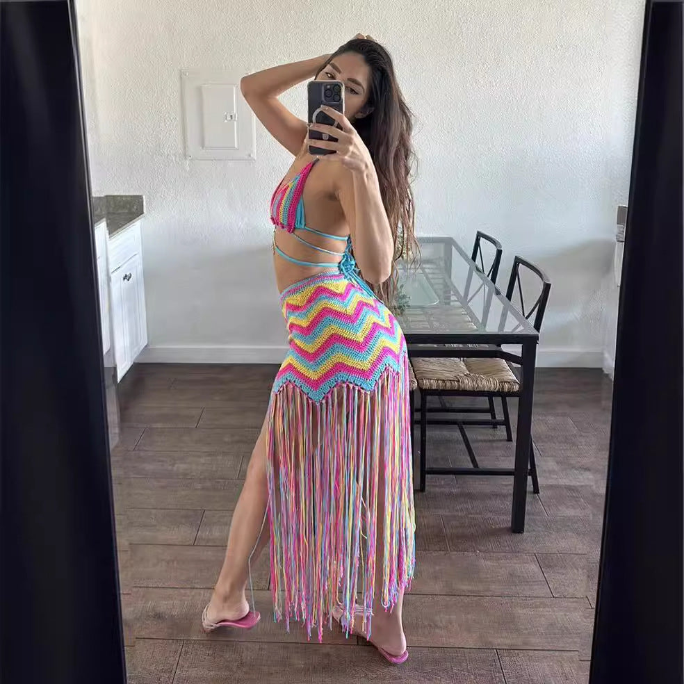 e-commerce: european and american style sexy handmade crochet wavy tassel beach cover-up dress set