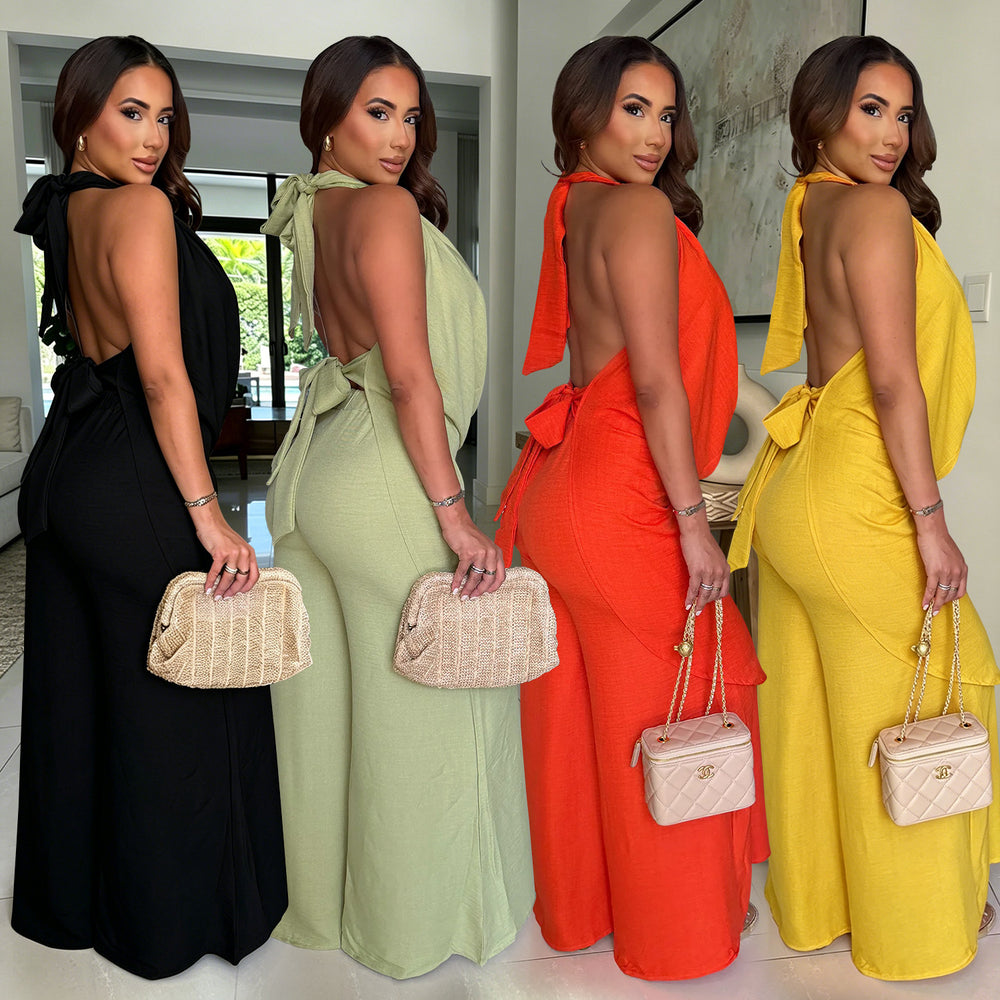 C7785 cross-border  new women's halter deep v-neck solid color loose drape wide-leg pants vacation casual set