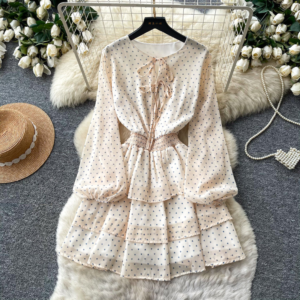 Korean style red polka dot slim-fit dress - women's summer long sleeve ruffle hem waist-cinching slimming high-end tiered dress