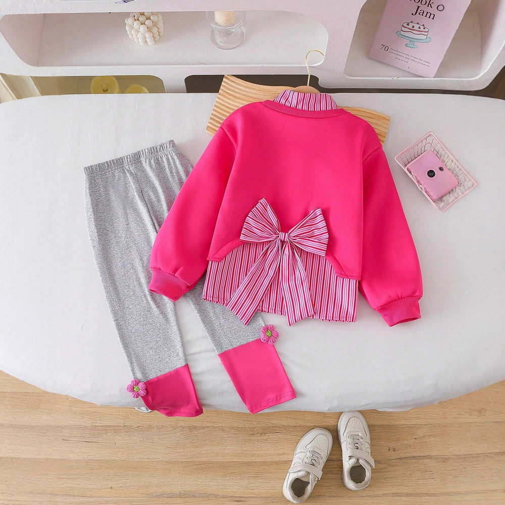 girls' spring/autumn new set: korean style fashionable bowknot faux two-piece shirt and leggings two-piece outfit