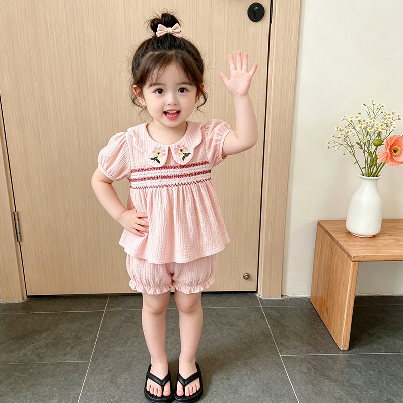 new summer collection: sweet pink outfit for baby girls - stylish embroidered peter pan collar top and shorts set for girls' summer wear