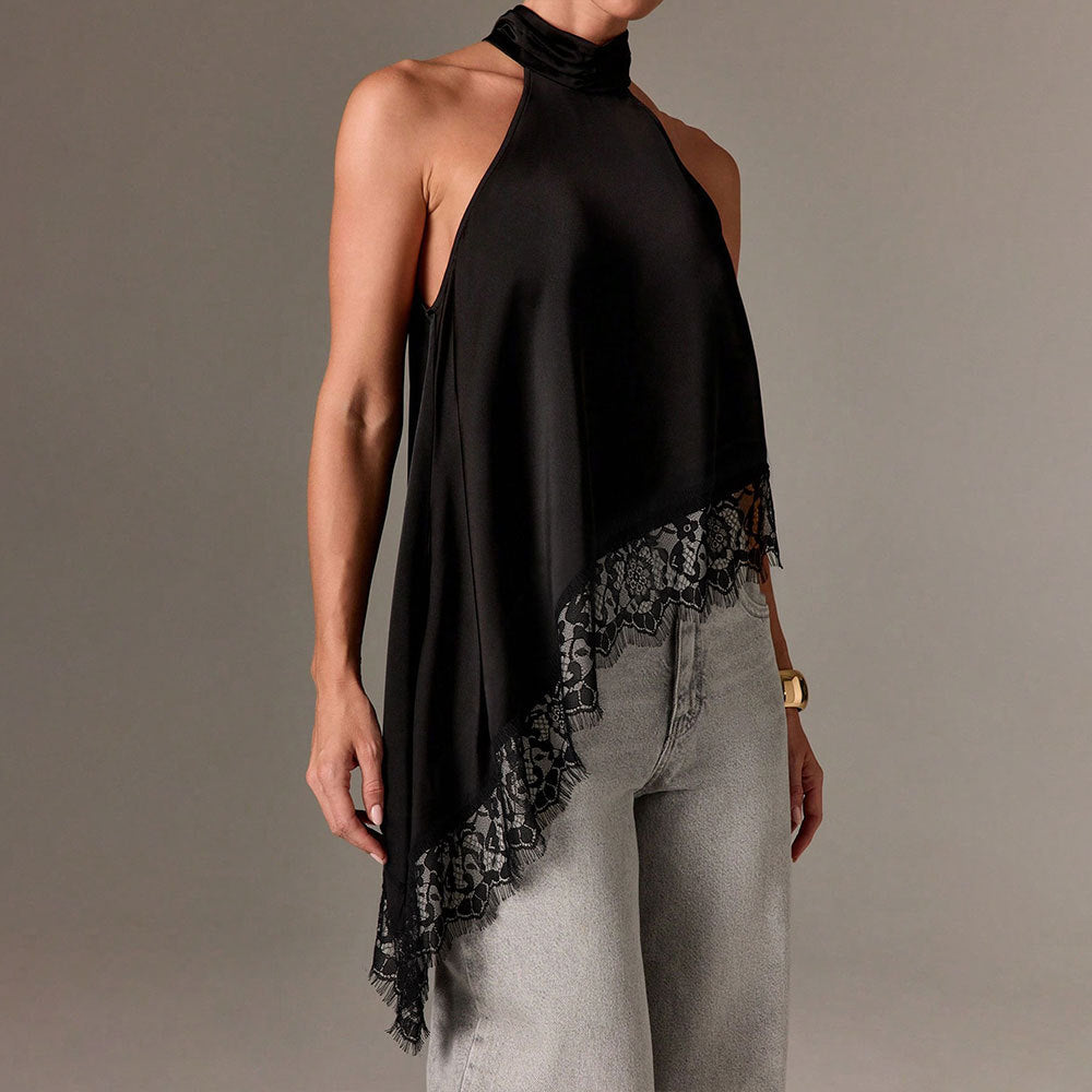 European and american summer new satin patchwork lace tank top halter sleeveless mandarin collar new off-the-shoulder irregular top