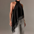European and american summer new satin patchwork lace tank top halter sleeveless mandarin collar new off-the-shoulder irregular top