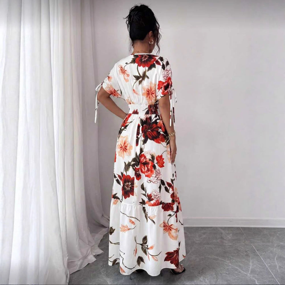 European and american cross-border  women's v-neck drawstring midi dress - summer print beach vacation travel maxi skirt