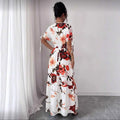 European and american cross-border  women's v-neck drawstring midi dress - summer print beach vacation travel maxi skirt