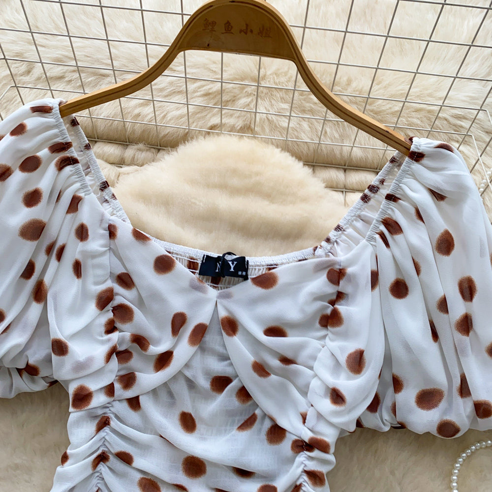 Korean style polka dot puff sleeve chiffon blouse - women's summer design, breathable, skin-friendly, ruched cropped top, commute chic