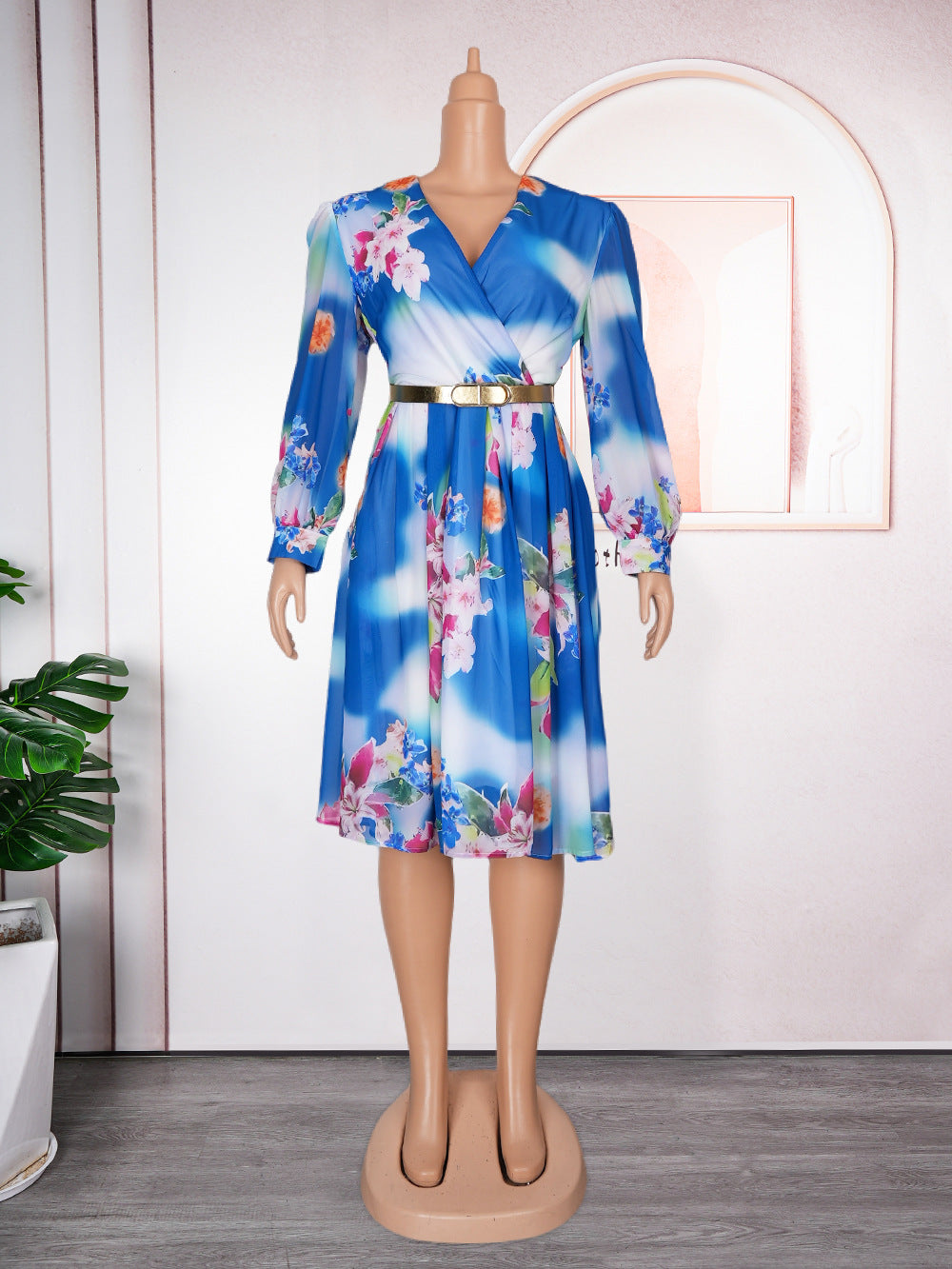 African  spring/summer new arrivals:  cross-border e-commerce women's plus size v-neck printed dress with belt