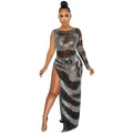 X5622   fashion sexy nightclub rhinestone single long sleeve asymmetrical slit maxi dress