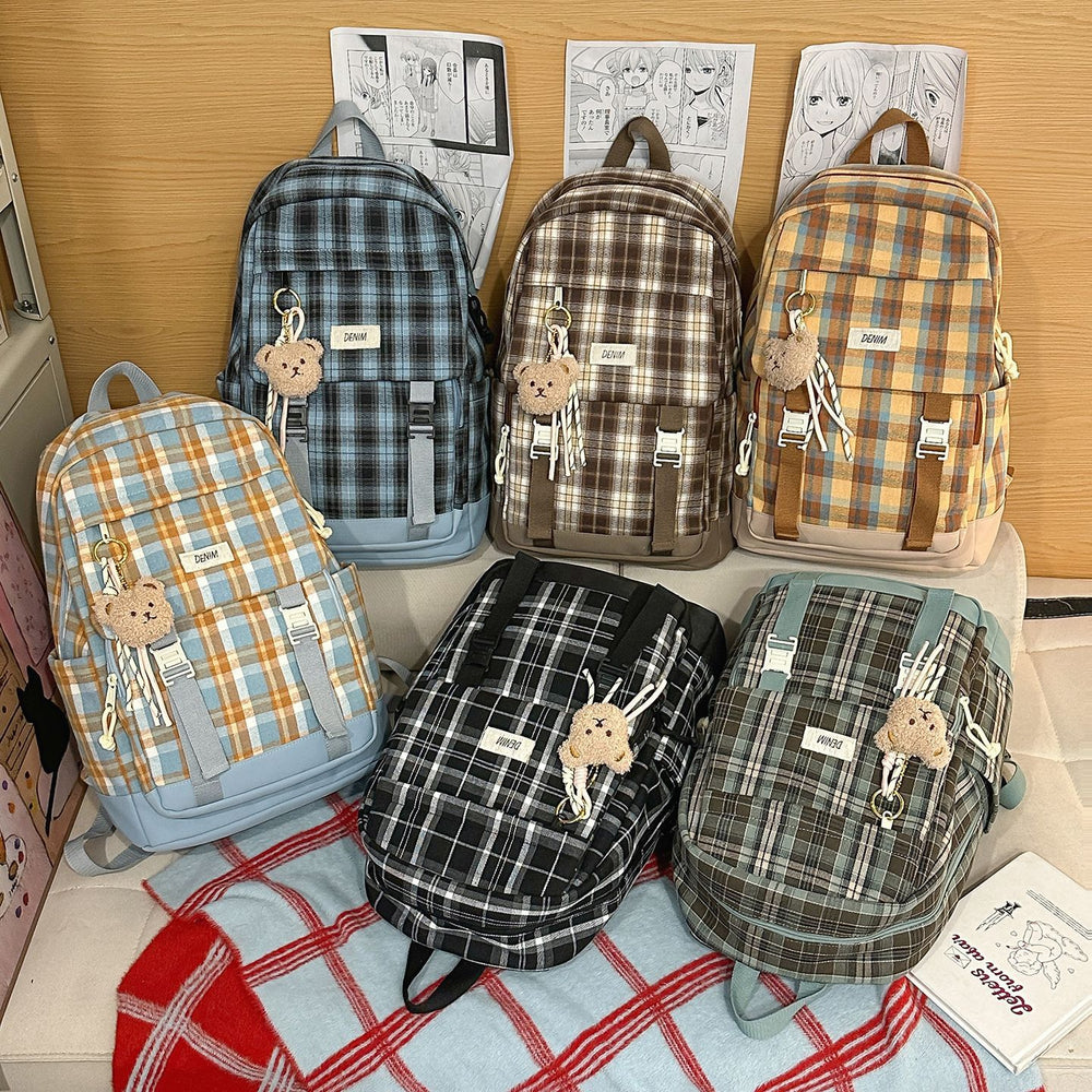 Vintage mori girl style plaid backpack - high school girl's chic rucksack - korean style large capacity fashionable versatile backpack