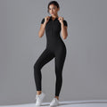 New solid color zip-up compression high-stretch short sleeve bodysuit activewear - workout, fitness, running, cropped leggings, yoga outfit