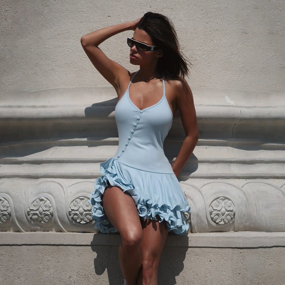 european and american cross-border summer new arrival: spicy girl slim-fit halter neck ruffle single-breasted design dress