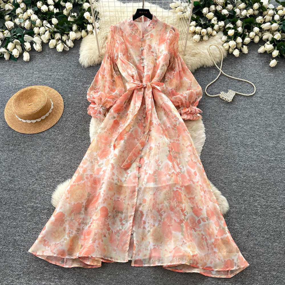 French romantic lantern sleeve printed dress - women's  autumn collection - slim fit a-line maxi dress - commute chic & elegant