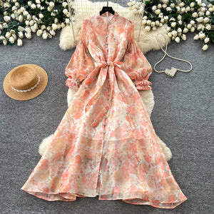 French romantic lantern sleeve printed dress - women's  autumn collection - slim fit a-line maxi dress - commute chic & elegant