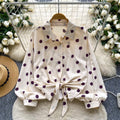 Light mature style strappy waist lantern sleeves polka dot hot diamond shirt women's autumlooseslimming lookcasual women's tops