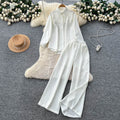 Light mature style two-piece set women's  autumn wear elegantcasuallooseasymmetricallong sleevesshirthigh waistloose pants
