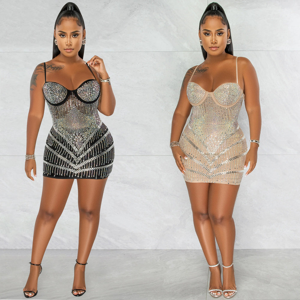 C5895   fashion nightclub hot diamond sexy suspender mesh see-through wrapped chest midi dress