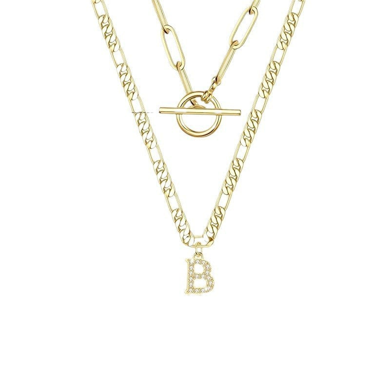 2024 new cross-border fashion necklace: layered initial pendant with cubic zirconia and interlocking paperclip chain