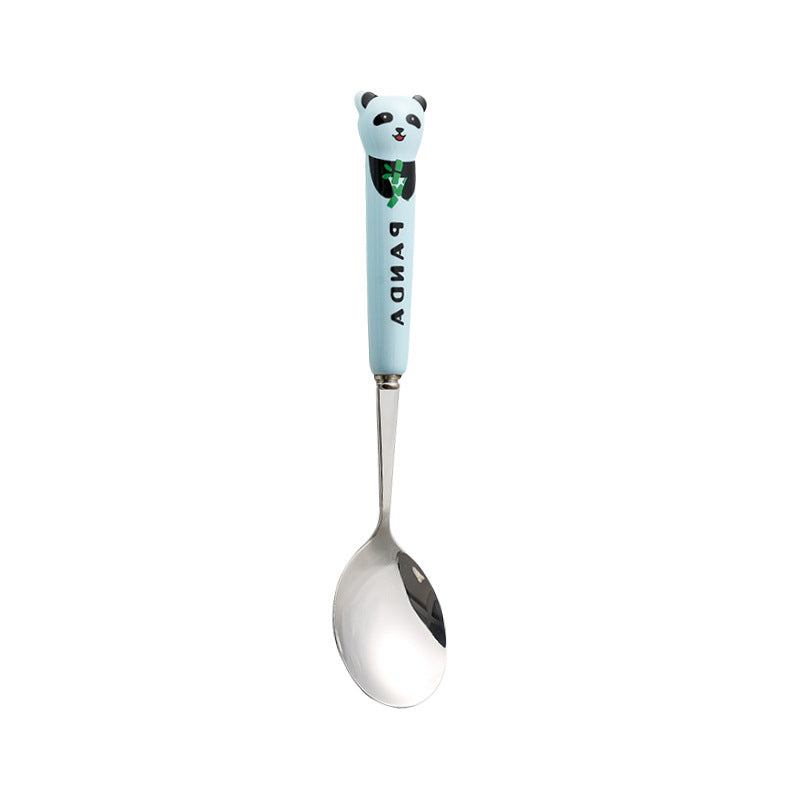 Cartoon stainless steel cutlery set: cute kids' forks with stylish ceramic handles, exquisite dessert spoons, and serving spoons