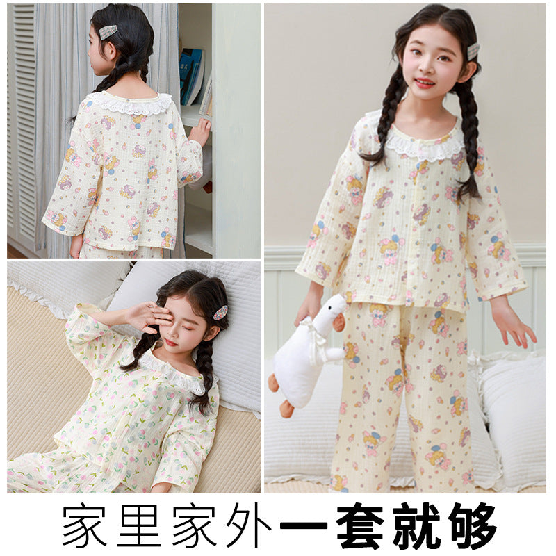 kids' cropped lounge set - boys & girls double-layer cotton gauze pajama set with baby lace trim and cartoon print
